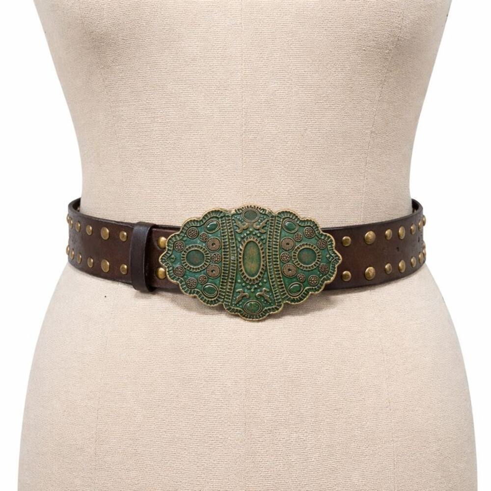 Vintage Brown Leather Studded Belt w/ Green Ornate Buckle | Boho Western